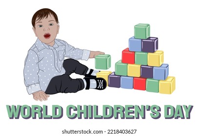 World Children's Day card. happy dark-haired child in a light blue shirt with white hearts playing with cubes. vector illustration