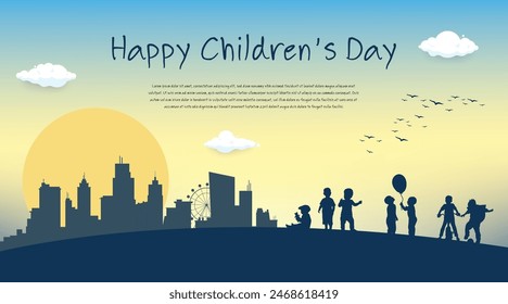 World children's day creative design poster with the children in the black shadow and a warm and vibrant atmosphere