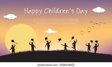 World children's day creative design poster with the children in the black shadow and a warm and vibrant atmosphere