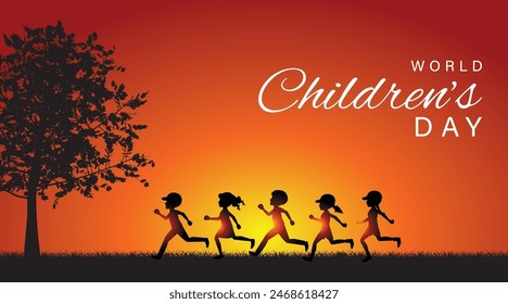 World children's day creative design poster with the children in the black shadow and a warm and vibrant atmosphere