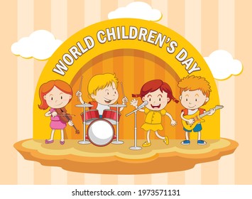 
World Childrens Day for Creative Music Thalents. The children were playing singing with the band group. Fit to display children's talents through posters, pamphlets, flyers, backdrops, backgrounds.