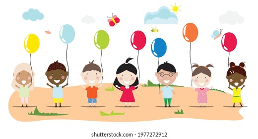 World children's day. Flat cartoon illustration with diverse children holding colourful balloons on the sunny day. Vector illustration.