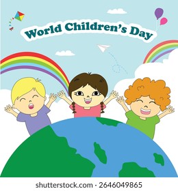 World Children's Day Greeting Vector Illustration, Children's World Flat Design, Happy Kids Cartoon, Children Playing Together, Happy Children's Day Celebration