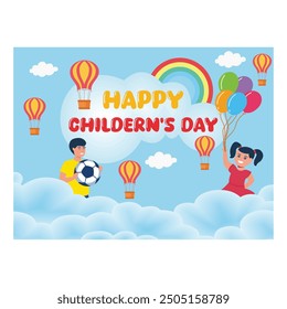 World Children's Day horizontal banner with happy children on clouds. flat vector modern illustration 