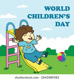 World Childrens Day Illustration Design, Children Playing on the Slide, Playland Background Vector