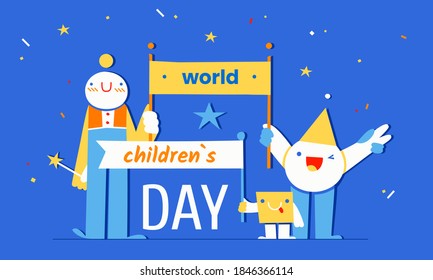World Children's Day - November 20 - horizontal banner template with cheerful childish geometric characters and the text. Annual celebration in honor of children