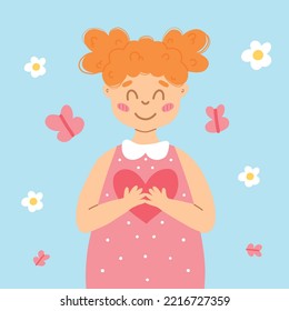 World Childrens Day. Poster with a cute girl and a heart in her hands. Vector illustration. Greeting card for children's day.Cartoon style.