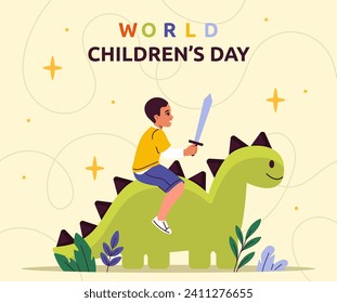 World childrens day poster. Kid with sword at dinosaur. International holiday and festival 20 November. Fantasy and imagination. Entertainment and fun. Cartoon flat vector illustration