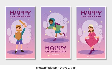 World childrens day posters set. Boy with wooden shield and sword, girl in pink dress and crown, child in space helmet. Knight, princess, astronaut. Flat vector collection isolated on white background