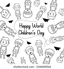 World Children's Day, standing children, with black and white drawings and writing. used for background, cover, illustration