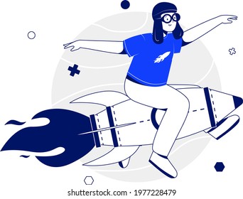 World children's day vector illustration concept with a boy character wearing a head covering like a pilot and riding a rocket.