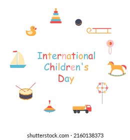 World Children's Day. Vector illustration. A postcard, an invitation with children's toys on a white background.