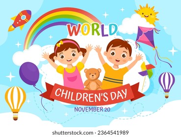 Ilustración de vectores del Día Mundial del Niño el 20 de noviembre con niños y arcoiris en celebración de niños Dibujo brillante de fondo azul cielo azul