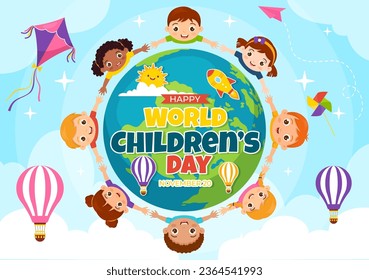 World Children's Day Vector Illustration on 20 November with Kids and Rainbow in Children Celebration Cartoon Bright Sky Blue Background Design