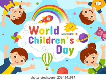 World Children's Day Vector Illustration on 20 November with Kids and Rainbow in Children Celebration Cartoon Bright Sky Blue Background Design