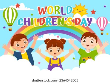 Ilustración de vectores del Día Mundial del Niño el 20 de noviembre con niños y arcoiris en celebración de niños Dibujo brillante de fondo azul cielo azul