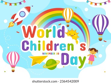 World Children's Day Vector Illustration on 20 November with Kids and Rainbow in Children Celebration Cartoon Bright Sky Blue Background Design