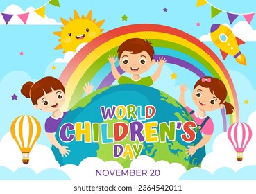 World Children's Day Vector Illustration on 20 November with Kids and Rainbow in Children Celebration Cartoon Bright Sky Blue Background Design