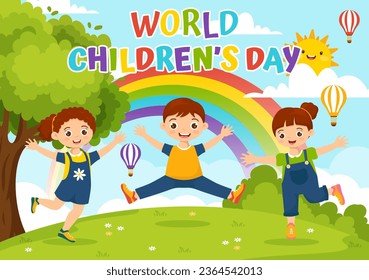 Ilustración de vectores del Día Mundial del Niño el 20 de noviembre con niños y arcoiris en celebración de niños Dibujo brillante de fondo azul cielo azul