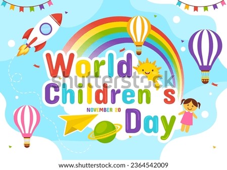 World Children's Day Vector Illustration on 20 November with Kids and Rainbow in Children Celebration Cartoon Bright Sky Blue Background Design