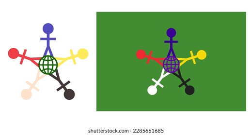 World Children's Protection Day symbol of multicolored kid shapes around the globe isolated on white. Green flag with universal sign. Vector icon for international child care and safety illustration.