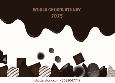 World Chocolate Day 2025 celebration banner with chocolate pieces, abstract sweets, and melted chocolate design on white background.