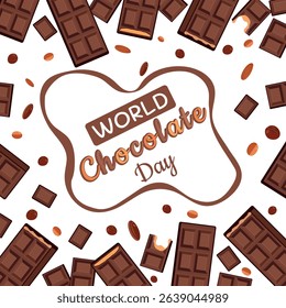 World Chocolate Day Banner with Chocolate Bars, Pieces, and Coffee Beans on White Background – Vector Illustration for Holiday, Dessert, Sweets, Coffee and Bakery Promotions