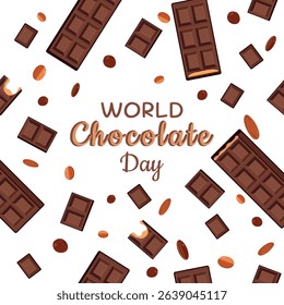 World Chocolate Day Banner with Chocolate Bars, Pieces, and Coffee Beans on White Background – Vector Illustration for Holiday, Dessert, Sweets, Coffee and Bakery Promotions