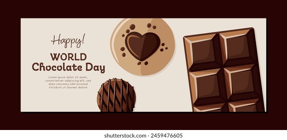 World chocolate day banner template with chocolate bar, cookie and candy