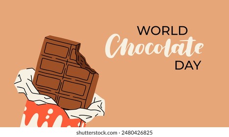 World Chocolate Day. Bar of chocolate, a broken piece of sweet dessert. Dark and milk chocolate dessert and candies. Cartoon vector banner