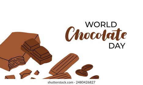 World Chocolate Day. Bar of chocolate, a broken piece of sweet dessert. Dark and milk chocolate dessert and candies. Cartoon vector banner