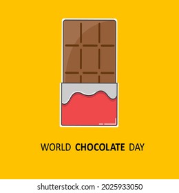 World chocolate day. Chocolate bar on yellow background. Vector illustration in line style.