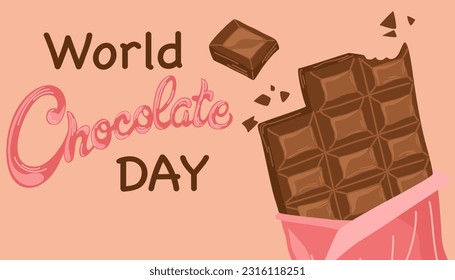 World chocolate day. Chocolate bar with pieces, sweet desert. Hand drawn Happy Chocolate Day banner with text. Vector Postcard. 