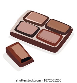 World chocolate day. Chocolate bar. Realistic dark chocolate bar bitten into pieces on a white background. For 
