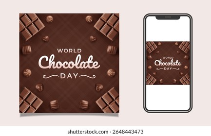 Dia Mundial do Chocolate com uma ilustração belamente desenhada com várias guloseimas de chocolate em um fundo marrom. Perfeito para eventos temáticos ou campanhas de mídia social destacando a indulgência.