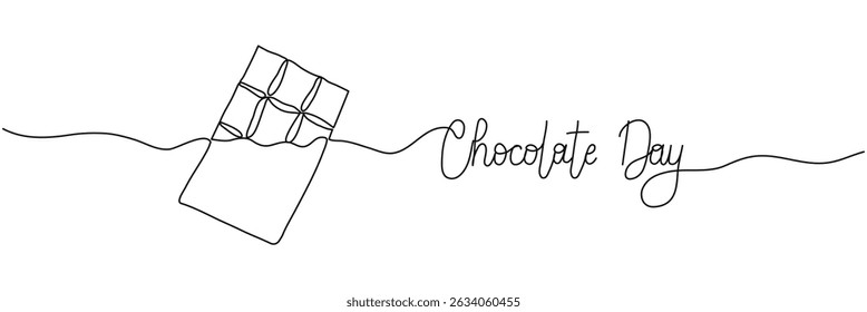 World Chocolate Day black one line art background with cacao sweet. Editable stroke hand drawn lettering. Text banner template. Outline drawing with typography for poster, banner, cards, web.