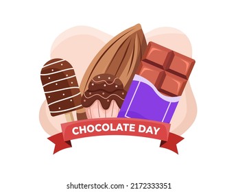 Ilustración del Día Mundial del Chocolate con cacao, barra de chocolate, quequito, helado de chocolate.
Adecuado para publicaciones en medios sociales, web, tarjeta de saludo, postal, libro, etc