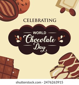 World Chocolate Day Celebration Template with Chocolate Product. Happy Chocolate Day Background, Banner, Poster, and Greeting Card. Vector Illustration