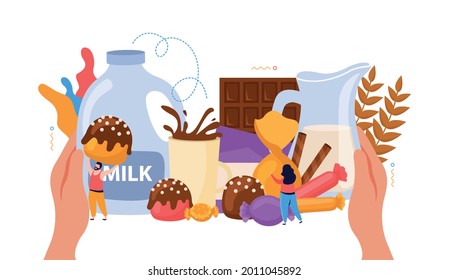 World chocolate day composition in flat style with human hands holding sweets bar cup jar and bottle of milk vector illustration