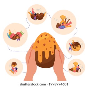 Weltschokoladentag-Komposition mit süßem Ei in menschlichen Händen, Erdbeeren-Cookie auf weißem Hintergrund, Vektorgrafik