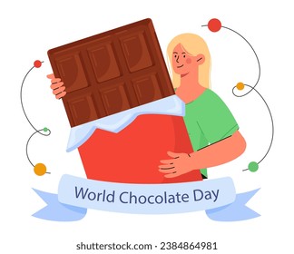 World chocolate day concept. International holiday and festival. Girl with chococlate bar. Dessert and delicacy. Confectionery and pastry. Cartoon flat vector illustration isolated on white background