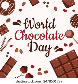 World Chocolate Day. Chocolate day creative lettering with background of chocolate sweets festive stylized background. vector illustration.