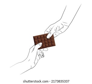 Mano de manzana sosteniendo un chocolate. Buen regalo de chocolate de parte de los queridos. Encantador de dulces.ilustración de concepto de relaciones.Día mundial del chocolate