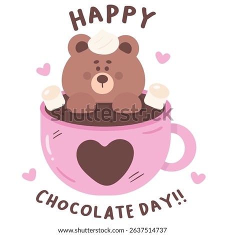 World Chocolate Day with Cute Bear cub in a Cup of Hot Chocolate. Whimsical Character Kawaii Animals in Flat design.