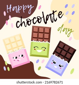 World Chocolate Day. Cute happy characters, chocolate bars of different colors, funny candies: white, milk, dark. Diversity. Postcard, poster, advertisement. Vector illustration, cartoon kawaii smiley