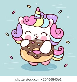 World Chocolate Day Cute Unicorn vector hug Sweet Donut Fairy animal Kawaii Sticker. Adorable cartoon Flat clipart for Kid nursery Cafe shop and couple.