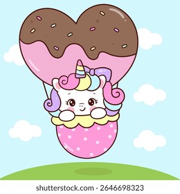 World Chocolate Day Cute Unicorn vector in heart Donut Balloon in sky Fairy animal Kawaii Sticker. Adorable cartoon Flat clipart for Kid nursery Cafe shop and couple.