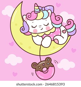 World Chocolate Day Cute Unicorn vector on moon holding Sweet bear Donut balloon Fairy animal Kawaii Sticker. Adorable cartoon Flat clipart for Kid nursery Cafe shop and baby shower.