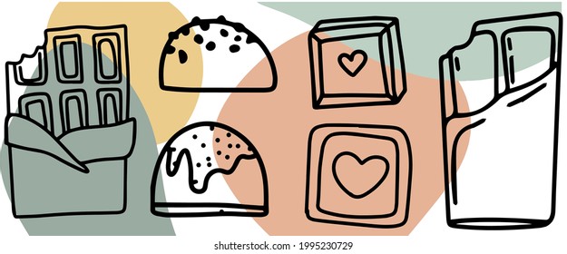 World Chocolate Day, doodle illustration, cocoa fruit, chocolate bar, minimalistic drawings, cartoon style, black doodles and color spots, isolated images, vector illustrations. Vector illustration