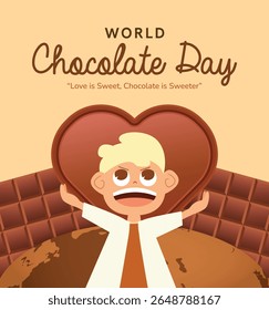 World Chocolate Day features a happy cartoon boy holding a large heart-shaped chocolate with chocolate bar and globe elements in the background.